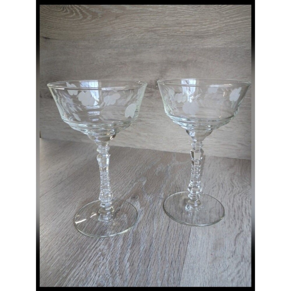 Libbey Rock Sharpe Crystal Champagne Glasses Sherbet Bowl 6 1/8" Set of 2 Etched